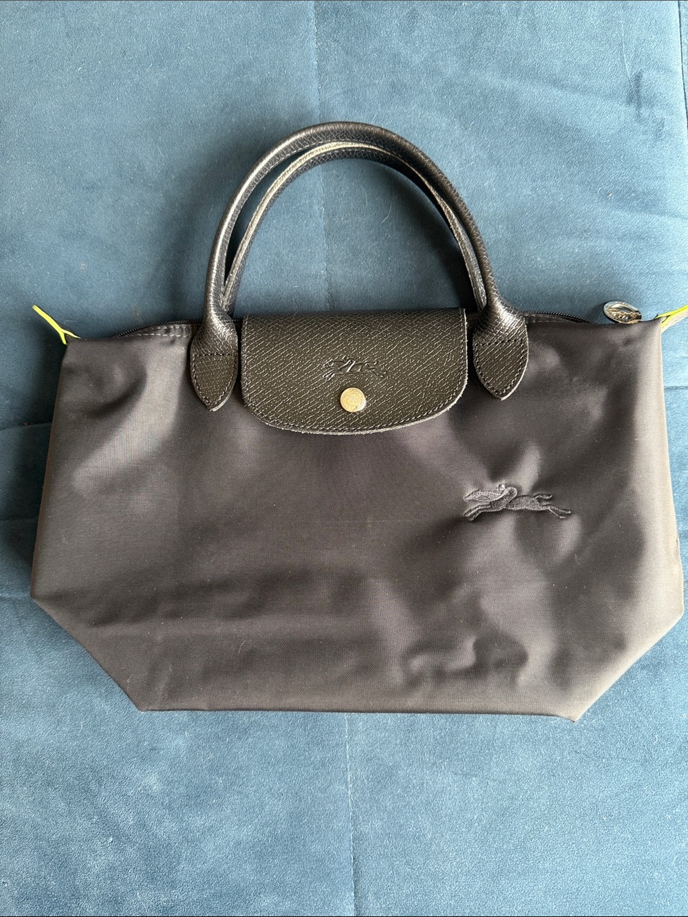 Longchamp Small Le Pliage Tote in Black with Yellow Zip Pulls